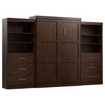 Bestar Pur Queen Murphy Bed and 2 Shelving Units w/Drawers (136W) in Chocolate