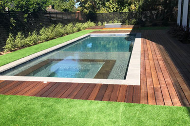 Brand New Modern Pool Construction, Turf, and Wood Deck for a home in Tarzana