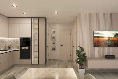 Визуализация гостиной с кухней, коридором и прихожей.