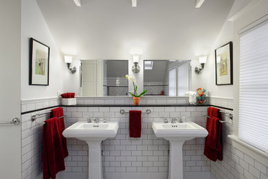 Double shower - mid-sized traditional master white tile and ceramic tile ceramic tile double shower idea in Portland with a pedestal sink, white cabinets, granite countertops and white walls