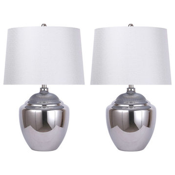 25" Chrome Ceramic Table Lamp With Sparkly White Empire Shade, Set of 2