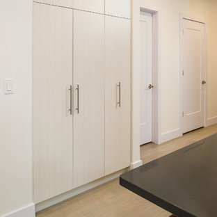 Idée de décoration pour une arrière-cuisine linéaire design de taille moyenne avec un évier encastré, un placard à porte plane, des portes de placard blanches, un plan de travail en quartz modifié, une crédence rouge, une crédence en feuille de verre, un électroménager en acier inoxydable, un sol en bois clair et un îlot central.