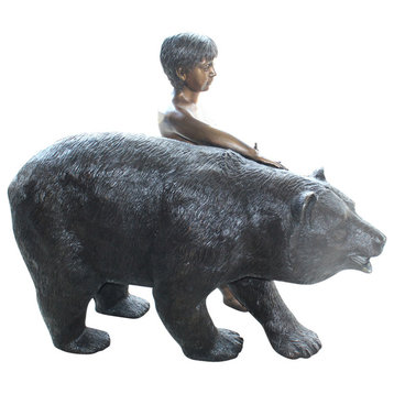 A bear with a boy bronze statue -  Size: 39"L x 24"W x 32"H.