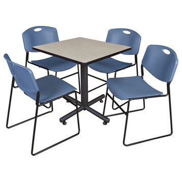 Kobe 30" Square Breakroom Table, Maple and 4 Zeng Stack Chairs, Blue