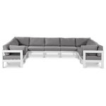 Meridian Furniture - Nizuc Water Resistant Patio U-Shaped Modular Sectional, Gray, 9-Piece: 5 Armless Chair, 4 Corner Chair, White Aluminum Frame - Pick and choose your favorites from the Nizuc collection to create a modular seating group the whole gang will enjoy. The sturdy aluminum frame provides dependable support for friends and family as they relax and unwind, and the resilient grey water resistant fabric stands up to the elements without losing its beautiful demeanor, so you can count on it lasting for the long haul. Latches beneath these seating pieces help you easily attach them to one another for convenient setup.
