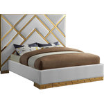 Meridian Furniture - Vector Upholstered Bed, White, Queen, Vegan Leather - Take your bedroom space to a whole new modern level with this Vector white vegan leather queen bed. Posh vegan leather upholstery in a lovely white color is intersected by polished gold metal in a geometric design that is nothing short of spectacular. This stunning bed has a gold metal base to finish off the presentation on a glamorous and upscale note. Full slats are included with the bed to help provide support for your mattress, and the platform footprint ensures you need no box springs or foundation to recreate this look at home.