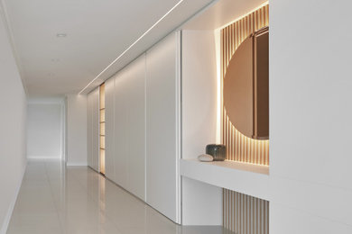 Diseño de recibidores y pasillos modernos de tamaño medio con paredes blancas, suelo de madera clara y suelo gris