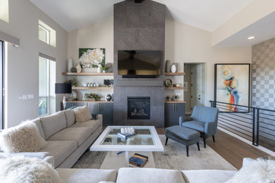 Example of a transitional living room design in Denver