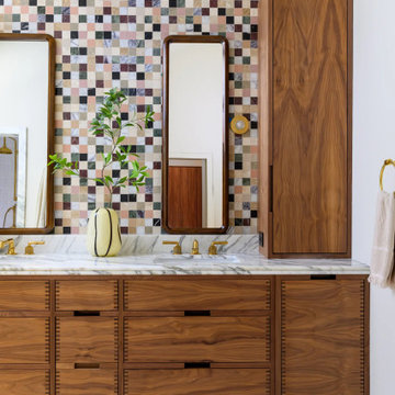 Modern Luxury Bathroom: Walnut Vanity & Marble Mosaic