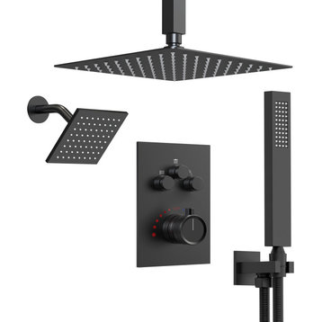 Dual Heads 12" Rain High Pressure Shower System w/ 3 Way Thermostatic Faucet, Matte Black