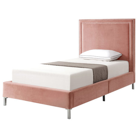 Giovanna Nailhead Trim Platform Bed, Blush Velvet, Twin