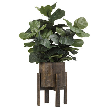 Fiddle Leaf Fig Branches, Round Rustic Wood Planter With Stand