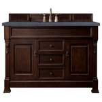 James Martin Vanities - Brookfield 60" Single Vanity, Burnished Mahogany, 3cm Charcoal Soapstone Quartz - The Brookfield 60" Burnished Mahogany single vanity by James Martin Vanities features hand carved accenting filigrees and raised panel doors. Two doors on either side, open to shelves for storage below. Three center drawers, made up of a lower double-height drawer and both middle and top short-length standard drawers, offer additional storage space. Antique brass finish door and drawer pulls. Matching wood backsplash is included. The look is completed with a 3cm eased edge Charcoal Soapstone Quartz top with a white porcelain rectangular sink.