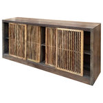 Harp & Finial - Watson Sideboard Gray Washed and Natural Finish - This industrial meets rustic piece is sure to make a statement with it's grand nature and natural mango wood finishes. The four sliding slat doors move to provide storage space while also concealing in an aesthetically pleasing way. The removable shelf behind each set of doors allows for more flexibility in the design. Due to the production process, there may be minor variations in shape, size, color, and finish.