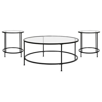 3 Pieces Coffee Table Set, Matte Black Metal Frame With Round Clear Glass Top