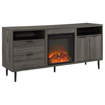 60" Modern Storage Fireplace Console, Slate Gray