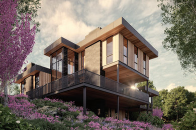 Large minimalist three-story wood and clapboard exterior home photo in Montreal