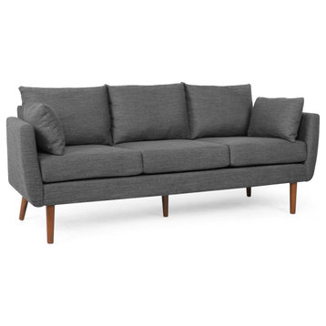 Contemporary Sofa, Walnut Wooden Legs & Polyester Seat With Pillows, Charcoal