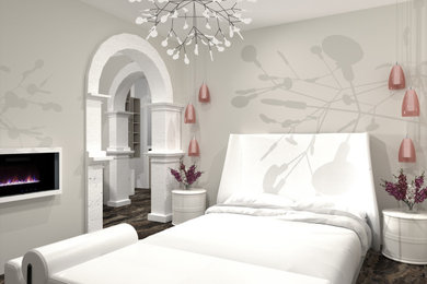 Réalisation d'une chambre parentale beige et blanche design avec un mur beige, un sol en carrelage de céramique, cheminée suspendue, un sol marron et du papier peint.