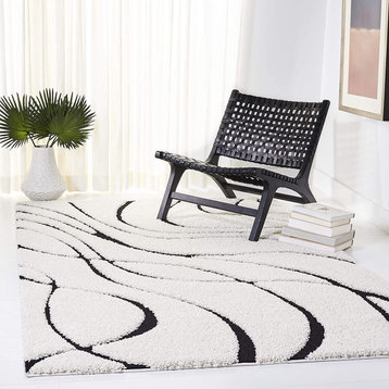 Modern Area Rug, Unique Abstract Wavy Patterned Polypropylene, Ivory/Black
