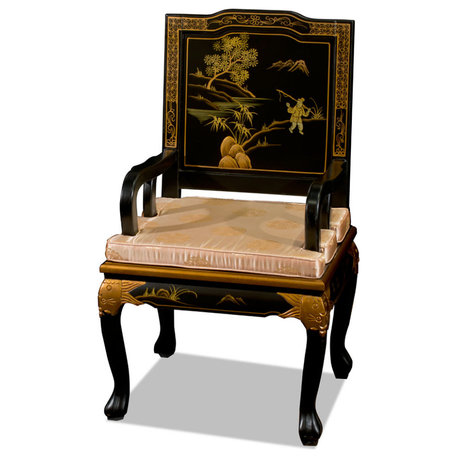 Black Queen Anne Chinoiserie Scenery Motif Oriental Arm Chair