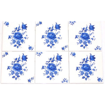 Blue Ceramic Swansea Rose Tiles, Set of 6