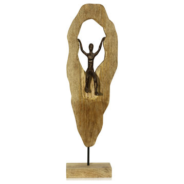Human Descending Natural Carved Wood Table Top Accessory, Climbing Figurine
