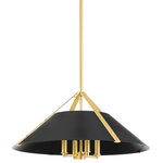 Hudson Valley Lighting - Raymond 4 Light Pendant, Aged Brass/Soft Black - Details, particularly with the metalwork, make this classic cone pendant feel fresh and tailored. Slender strips of Aged Brass with rivet-like machined details belt the shade and create the illusion that the form is closed at the top. Only the metal base of the candelabra shows beneath the Soft Black or Soft White shade, keeping with the design's clean, refined look.