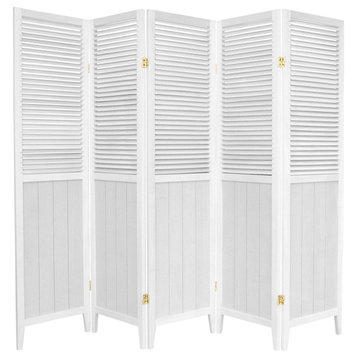 Elegant Room Divider, Double Hinged Louvered Accented Screen, White/5 Panels