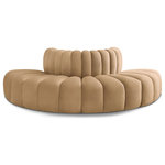 Meridian Furniture - Arc Upholstered Outward Curved Modular Sectional, Camel, 4-Piece: Reverse Corner (4), Velvet - Give your living room or den the perfect blend of style and versatility with this Arc velvet fabric curved modula Sectionalr. Part of the Arc modular furniture collection, this chair comes upholstered in rich camel velvet fabric and features deep channel tufting that adds a touch of luxury while enhancing comfort and support. A seamless combination of form and function, this chair can be used with other Arc pieces to create a myriad of configurations in your well-curated room.