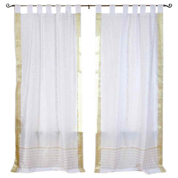White with Gold Tab Top Sheer Sari Curtain / Drape / Panel -80W x 108L-Pair