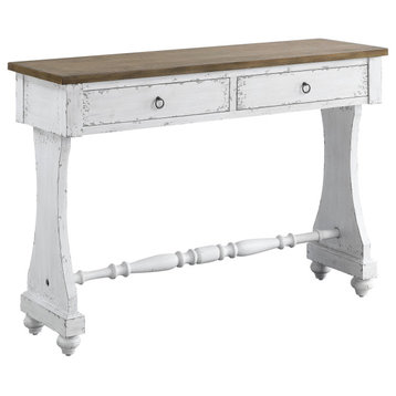 Traditional Console Table, Trestle Base With Bun Feet & 2 Drawers, Antique White