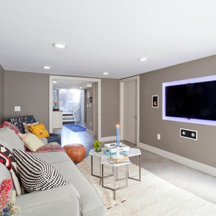Design ideas for a contemporary look-out basement in New York with grey walls, no fireplace, concrete flooring and grey floors.
