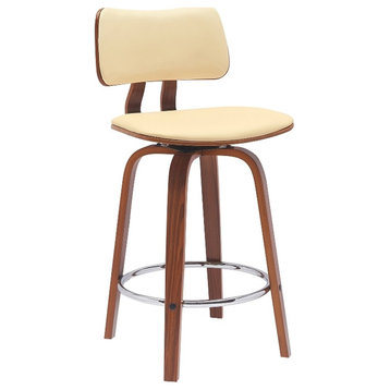 Armen Living Pico 26" Swivel Wood & Faux Leather Counter Stool in Walnut/Cream