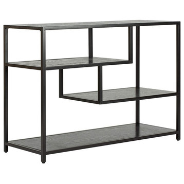 Unique Console Table, Metal Frame With Staggered Wooden Shelves, Black Finish