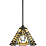 Quoizel - Quoizel TFIK1508VA Inglenook 1 Light Mini Pendant in Valiant Bronze - A classic geometric Arts & Crafts piece with handcrafted art glass in shades of sapphire blue warm honey amber and cream. Arts and Crafts is an enduring style that honors the tradition of fine craftsmanship and attention to detail. This piece is a great way to light up a kitchen island or a pool table with style.