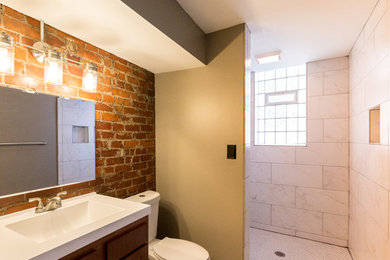 Inspiration for a mid-sized modern master porcelain tile gray floor bathroom remodel in Cincinnati with an integrated sink and white countertops