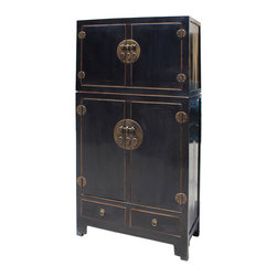 Chinese Distressed Black Lacquer MoonFace Compound Cabinet - Accent Chests And Cabinets