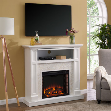 Nobleman Tiled Media Fireplace Console - White with Shelf