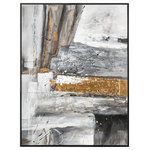 Elk Home - Reading, Gray Framed Wall Art - Reading in Gray is an abstract study of form and light, highlighted with metalic gold detailing. This hand-painted acrylic on canvas is finished with a black floating frame.
