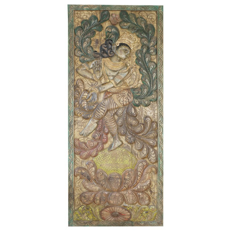 Consigned Dancing Krishna Indian Carved Door, Wall Art, Sliding Barn Door