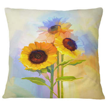 Yellow Sunflowers With Green Leaves Floral Throw Pillow, 16"x16"