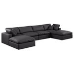 Meridian Furniture - Comfy Upholstered U-Shaped Modular Sectional, Black, 6-Piece: 2 Armless Chair, 2 Corner Chair, 2 Ottoman, Vegan Leather - Give your space a whole new look with this black Comfy vegan leather sectional. This handsome sectional fits nicely with other items in the Comfy collection and is a versatile seating option designed for adaptability, comfort and style. Wrapped in rich black durable vegan leathered upholstery, this sectional offers a plush embrace of overstuffed down feather cushions, carefully crafted to deliver the highest level of comfort. The perfect seat for creating an oasis for relaxation, this sectional has thick foam surrounding its frame for added support and coziness.