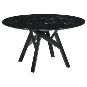 Venus 54" Round Black Marble Dining Table With Black Wood Legs
