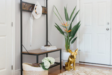 Example of a mid-sized trendy medium tone wood floor and brown floor entryway design in Toronto with gray walls and a black front door