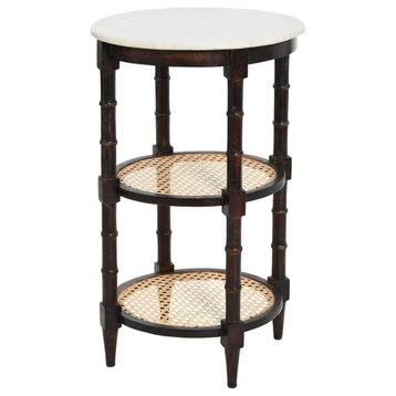 Transitional End Table, Round Design With Faux Marble Top & Rattan Tiers, Brown