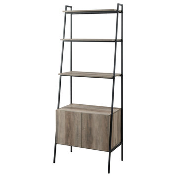 72" Urban Industrial Metal and Wood Ladder Storage With Cabinet, Gray Wash