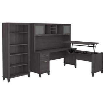 Pemberly Row Sit to St& L Desk Set with Bookcase in Storm Gray - Engineered Wood