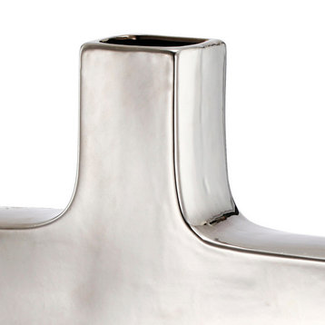 Benzara BM286370 16" Modern Vase, Keyhole Design, Metallic Silver Stoneware
