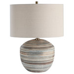Uttermost - Uttermost Prospect Striped Accent Lamp - This Ceramic Accent Lamp Features A Striped Motif In Neutral Shades Of Brown, Taupe, Cream And Blue Accented By Light Brushed Brass Plated Details. A Light Beige Linen Drum Shade With Natural Slubbing Completes The Piece.
